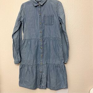 Lands End denim chambray blue button up tiered long sleeve dress uniform L 14